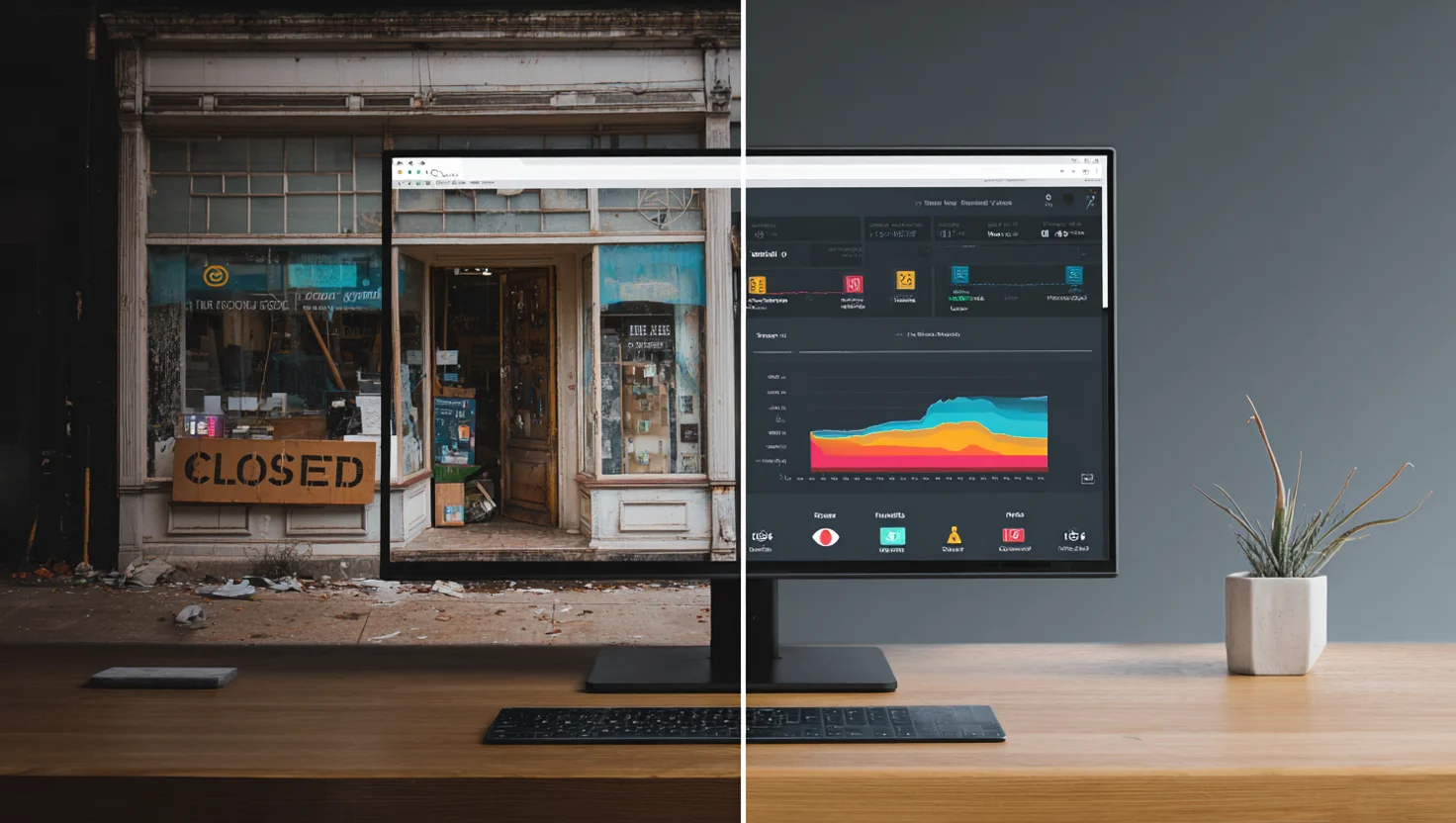 A photo of a side by side comparison of an old website and a new website.